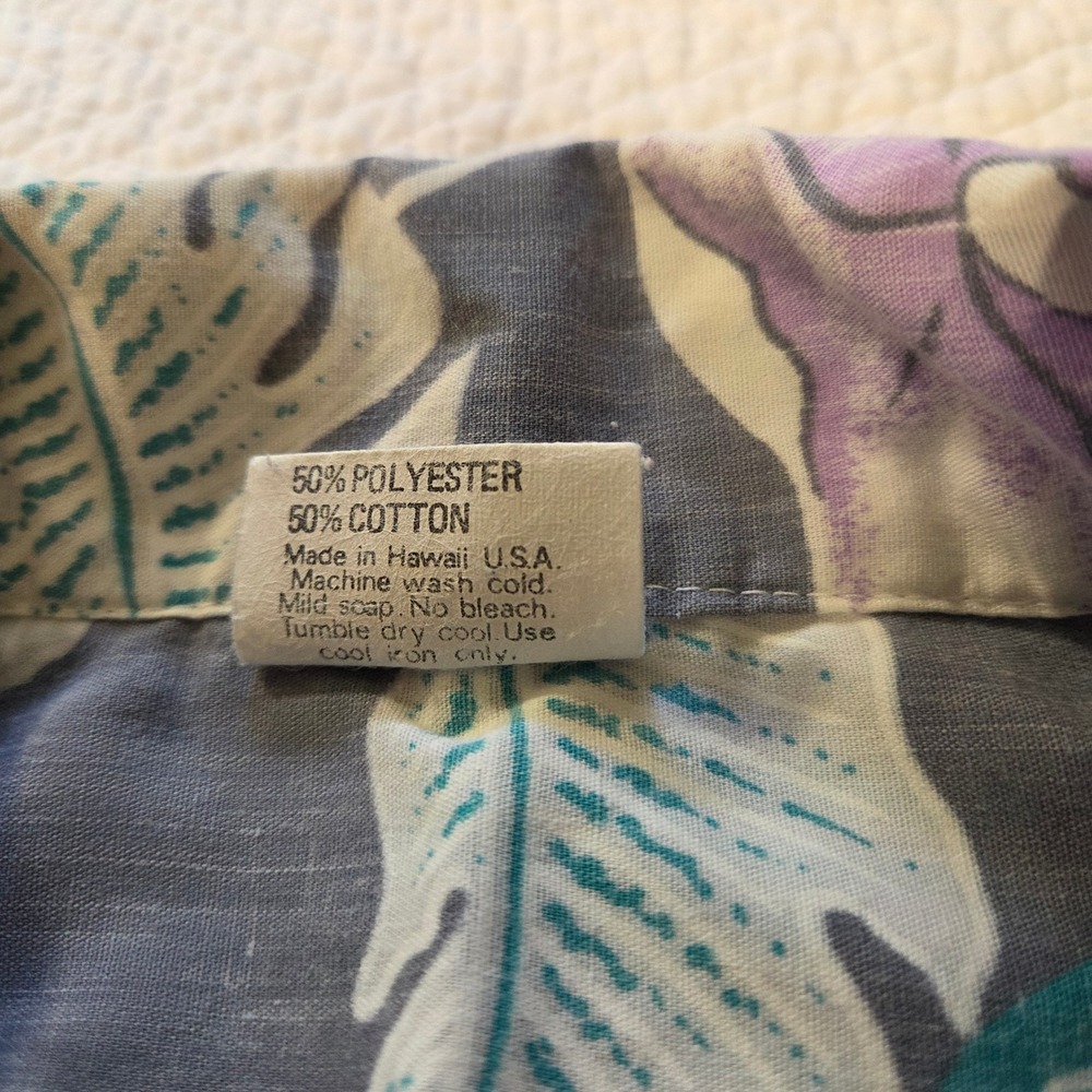 New Horizon Mens Medium Hawaiian Shirt Gray Teal Floral Monstera Made in Hawaii - Picture 4 of 6